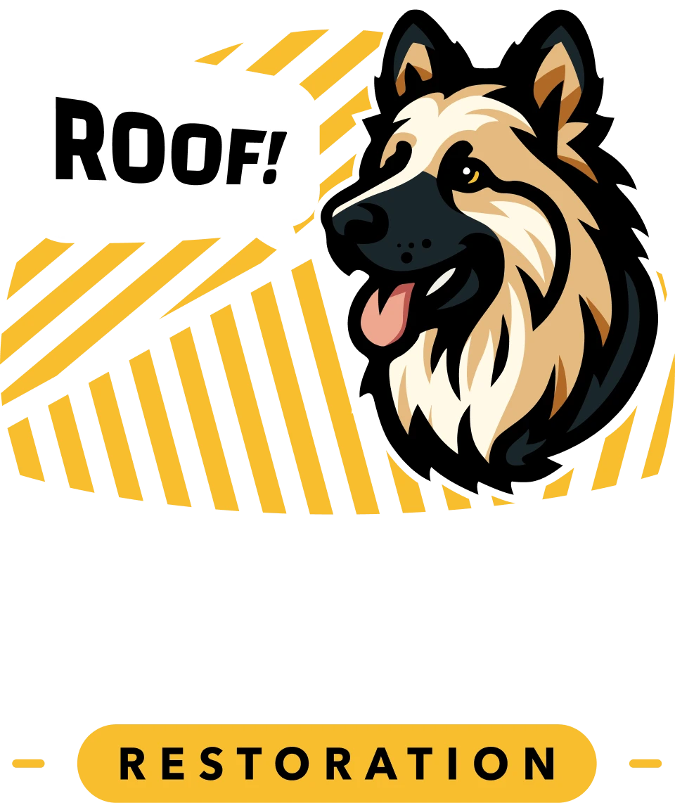 Big Dog Restoration logo. A bulldog with a chat bubble, barking Roof Roof.