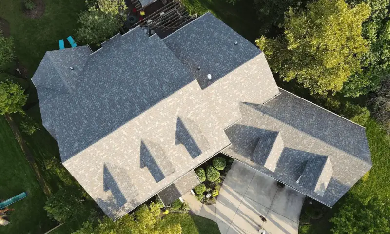 Aerial view of a brand new roof